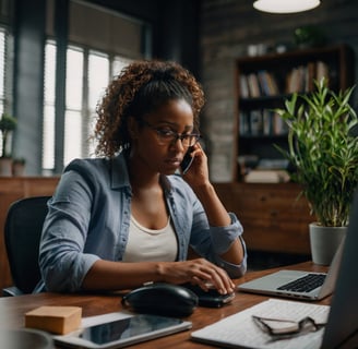 a woman sitting at a desk with a laptop and a phone