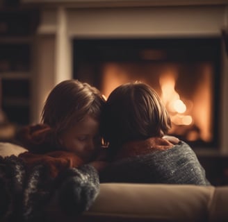 dos niños sentados en un sofá frente a una chimenea