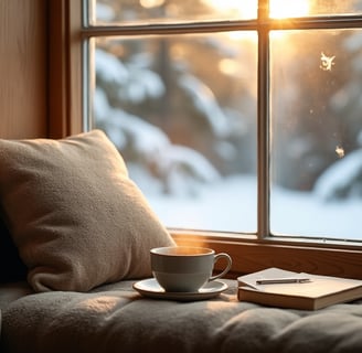 a cup of coffee and a book on a window sill