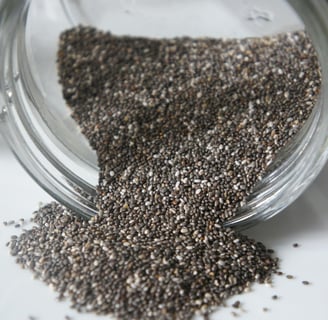 Chia seeds in a glass jar with a spoon, showcasing their potential to support healthy weight loss.