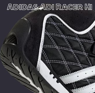 a close up of a pair of shoes with a black and white background Adidas Adi Racer Hi
