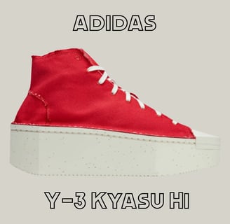 a pair of red sneakers with the words  adidas Y-3 - Kyasu Hi