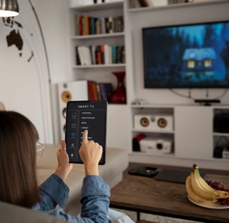 Woman holding a tablet computer and looking at a smart television for Morgan Hill TV installation.