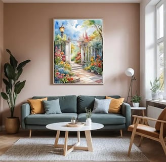 a living room with a couch and a painting