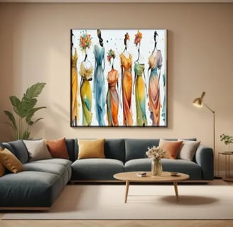 a living room with a couch and a painting