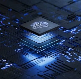 cpu chip with ai brain printed on it in the midst of a black dimly lit motherboard