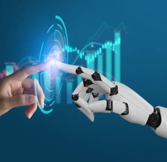ai robot and human making the connection with their fingers