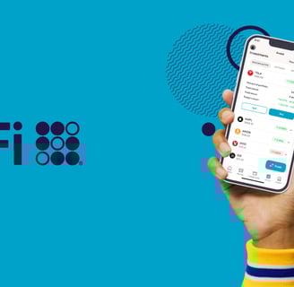 SoFi Technologies blue logo with man holding a cellphone