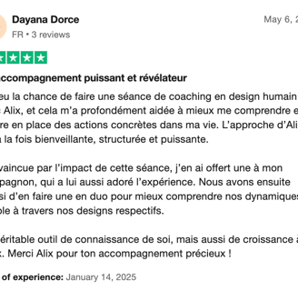 Avis 5 étoiles Trustpilot de Dayana sur le coaching par le design humain de Mujō