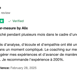 Avis 5 étoiles Trustpilot de Marie sur le coaching de transition de vie de Mujō