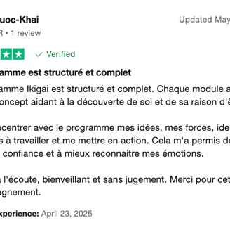 Avis 5 étoiles Trustpilot de Quoc-Khai sur le programme Ikigai s'éveiller à sa raison d'être