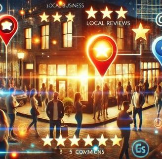 Negocio local con clientes satisfechos y elementos digitales que representan Google My Business.