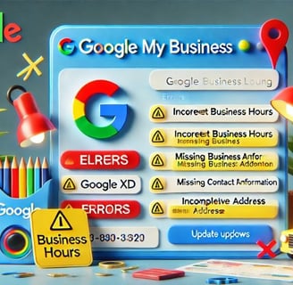 Errores comunes en una ficha de Google My Business, como horarios desactualizados.