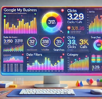 Tablero de estadísticas de Google My Business mostrando datos de rendimiento de un negocio local.