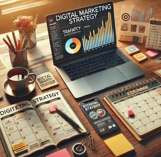 Mesa con herramientas para planificar una estrategia de marketing digital efectiva en Almería.