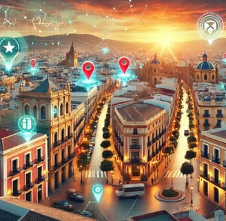 Vista del Paseo Marítimo de Almería con iconos digitales que representan Google My Business.