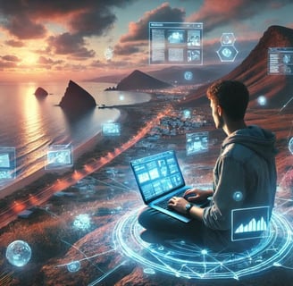 Persona creando contenido digital con un paisaje de Almería de fondo.