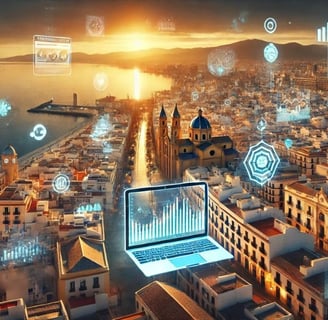 Panorámica de Almería con elementos digitales representando estrategias de marketing local.