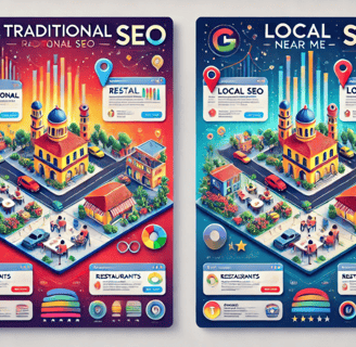 Gráfico comparativo entre SEO tradicional y SEO local con ejemplos de búsquedas en Almería.