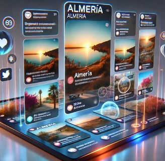 Publicaciones de redes sociales con hashtags y paisajes de Almería para negocios locales.