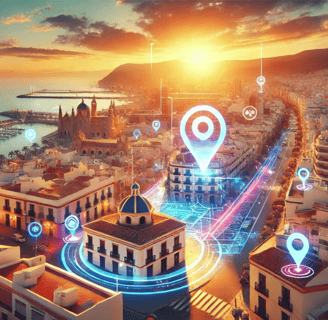 Vista panorámica de Almería con iconos digitales que representan estrategias de SEO local.