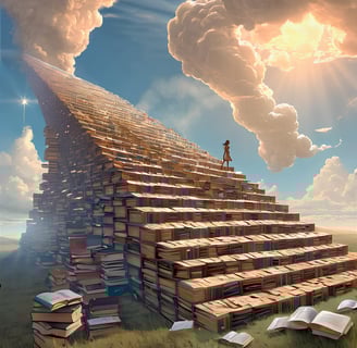 Staircase to heaven with a woman midway up.