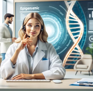 a woman in a lab coat is sitting at a desk with a laptop and a