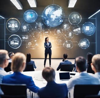 a business woman standing in front of a presentation