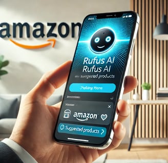 smartphone screen prominently displaying the Amazon Shopping app with the Rufus AI assistant interfa
