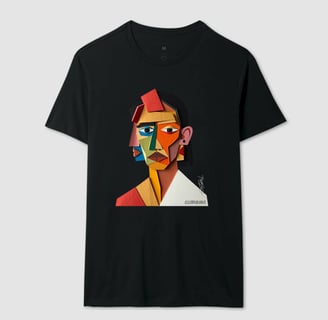 Camiseta estilizada com ilustração cubista em cores vibrantes, destacando formas geométricas 