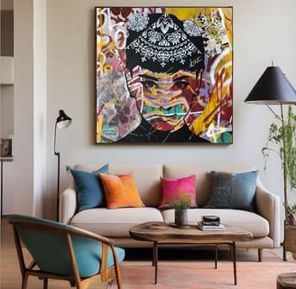 Quadros personalizados adornam as paredes, contando histórias únicas e dando vida à sala.