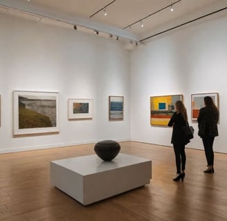 Galeria de arte com vibrantes obras de pop-art em exibição.