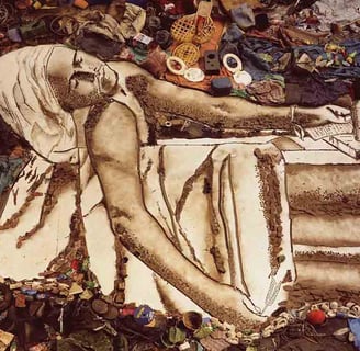 Obra de  Vik Muniz, conhecido por criar retratos e paisagens elaborados a partir de lixo reciclado