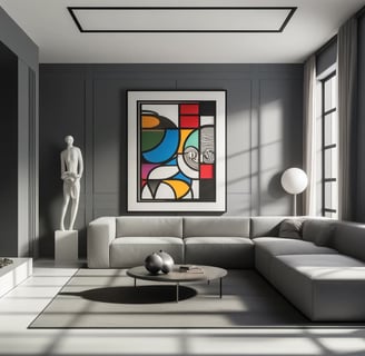 Interior de casa brasileira moderna com paredes cinzas, mobiliário minimalista e decoração elegante,