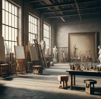 ateliê de arte antigo no estilo de um galpão, com diversas peças de arte, esculturas, quadros e pinc