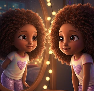 Little Nia smiling at herself in the mirror