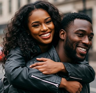 A happy couple riding on a motorcycle