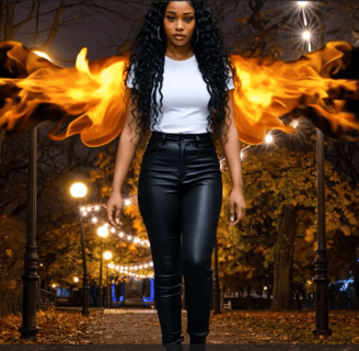 A female walking with flaming wings