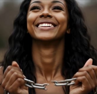 A female holing broken chains and smiling