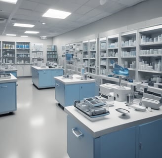 Several people are standing at a pharmacy counter with a selection of medications displayed behind a clear glass partition. The store has a modern design with bright lighting and digital displays showing numbers above each counter.