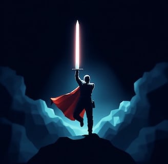 a person holding a glowing sword skyward