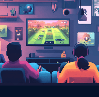 a couple of people sitting on a couch watching a video game