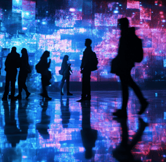 people walking through a large room with a large screen
