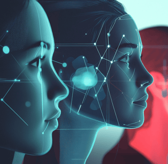 a group of people standing in front of a digital art