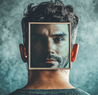 a man with a mirror in front of a blue wall