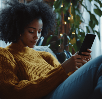 a woman sitting on a couch with a cell phone