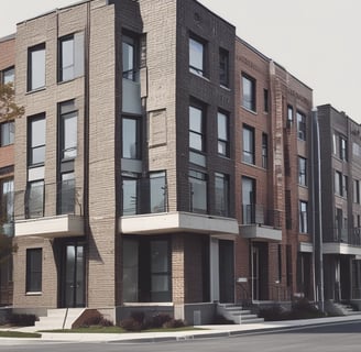 Tall residential building showcasing multiple balconies across several floors. Each balcony is outfitted with air conditioning units, railings, and an array of plants and outdoor furniture. Signs with contact information suggest apartments available for sale. The structure is composed of brick and concrete, exhibiting a functional architectural design.