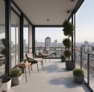 A modern apartment building with dark brick exterior and sharp angular roofs. Several balconies are visible, some with potted plants featuring red flowers. The sky is clear with a light blue tone.