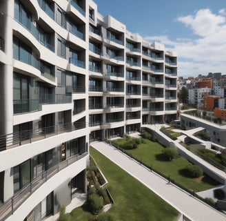 A residential apartment building with a weathered facade, featuring multiple windows and balconies. Several vehicles, including a silver car and a gray van, are parked in front of the building on an empty street. Leafless trees frame the scene, contributing to an overall urban and slightly neglected appearance.