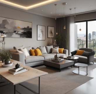 Two adjacent modern apartment buildings with yellow and gray accents. In the middle, a construction site is visible with workers and equipment, including a scissor lift and crane. In the background, a city skyline with various skyscrapers can be seen against a clear blue sky.